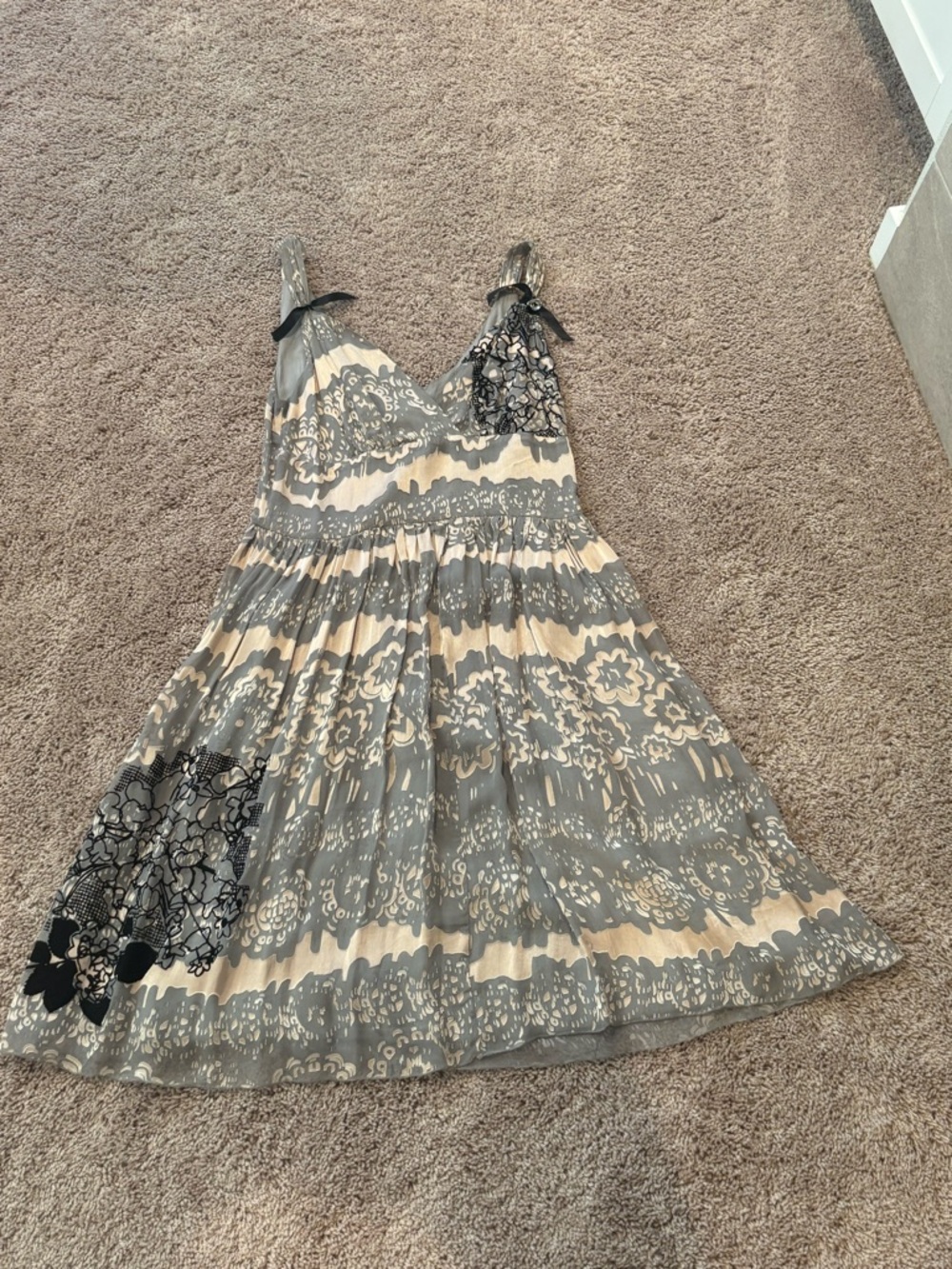 Neutral Floral Lace-Trim Midi Dress